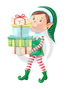 Watercolor Christmas elf boy carries gift boxes. Little helper of Santa Claus in a striped suit with a hat.Cute