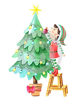 Watercolor Christmas elf boy with Christmas tree. Little helper of Santa Claus