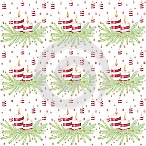 Watercolor Christmas endless trama. Christmas red and white candles and pine branches seamless pattern. photo