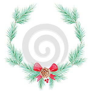 Watercolor christmas fir wreath with red ribbon and cone on white background