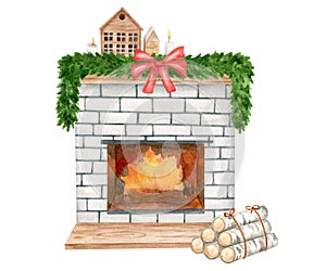 Watercolor Christmas fireplace with christmas decor on mantel shelf and pile of firewoods. Hand painted white brick