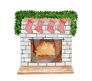Watercolor Christmas fireplace decorated with red socks and fir garland. Hand painted white brick stone burning fire