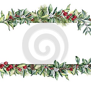 Watercolor Christmas floral banner. Hand painted floral garland with berries and fir branch, pine cone, bells and ribbon