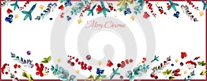 Watercolor Christmas floral banner of winter flowers, eucalyptus twigs, fir branches, Christmas trees, evergreens, berries and