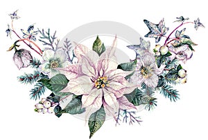 Watercolor Christmas Floral Decoration Isolated on White