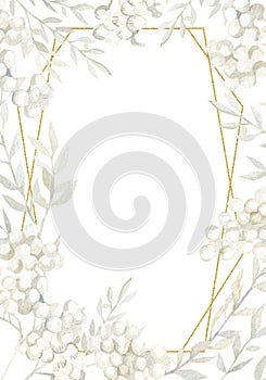 Watercolor christmas floral frame. Winter wild plants white color botanical garden for wedding invintation