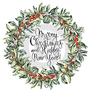 Watercolor Christmas floral wreath with berries. Hand painted snowberry branch with white and red berry isolated on