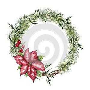 Watercolor Christmas floral wreath. Hand painted Christmas tree branch, poinsettia, eucalyptus, cedar and crabapple