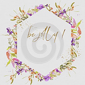 Watercolor Christmas Floral Wreath, Holiday wreath clipart, jolly, Gold text, hand painted watercolor wreath