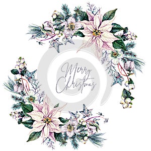 Watercolor Christmas Floral Wreath Isolated on White