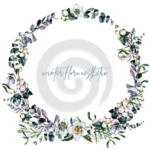 Watercolor Christmas Floral Wreath Isolated on White