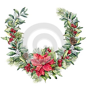 Watercolor Christmas floral wreath with poinsettia. Hand painted snowberry and fir branches, red berries with leaves