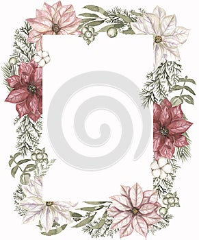 Watercolor Christmas florals wreath. Hand drawn winter bouquet with Poinsettia flower and fir branches, holly with berries