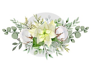 Watercolor christmas flowers arrangement. White poinsettia, branches of spruce and winter greenery for greeting cards and