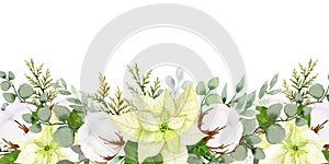 Watercolor christmas flowers frame template. White poinsettia, branches of spruce and winter greenery for greeting cards and