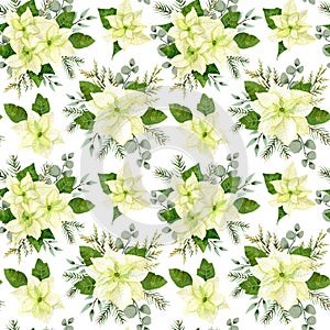 Watercolor christmas flowers pattern. White poinsettia, branches of spruce and winter greenery for wrap paper or winter textile.