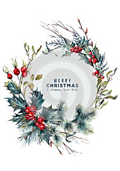 Watercolor Christmas Forest Gifts Wreath Card