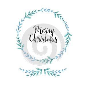 Watercolor Christmas frame, branch with twigs and Marry Christmas lettering. Isolated on white background. Illustration