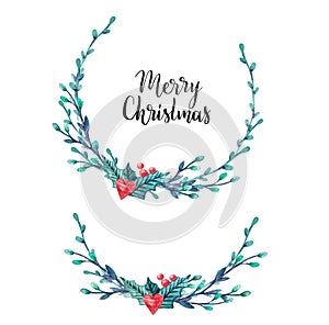 Watercolor Christmas frame and branch with twigs, mistletoe, hearts and Marry Christmas lettering. Isolated on white