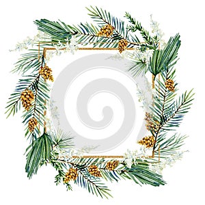 Watercolor Christmas frame with fir branches, leaves, pine, cone. Winter greenery banner  for christmas card