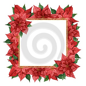 Watercolor Christmas frame made of poinsettia with a gold geometric element isolated on a white background.