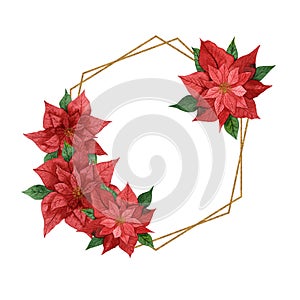 Watercolor Christmas frame made of poinsettia with a gold geometric element isolated on a white background.