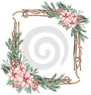 Watercolor Christmas frame with Poinsettia flowers, floralls with border branch decoration clipart, Winter wreath illustration,