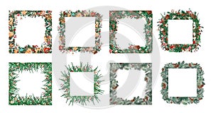 Watercolor Christmas frame square shape . Template of fir branches, boxwood, red berries on a white background.