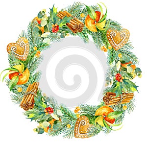 Watercolor christmas frame. Watercolor Christmas wreath with fir branches and place for text.