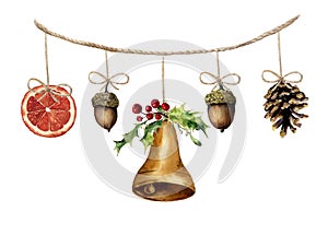 Watercolor christmas garland with bell, acorn, pine cone and orange