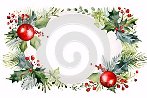 Watercolor Christmas garland frame decorated with red baubles, holly and fir branch on white background, Christmas background.