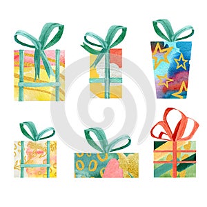 Watercolor Christmas gift boxes set in modern abstract design. Hand drawn box with bow for holiday card, birthday card