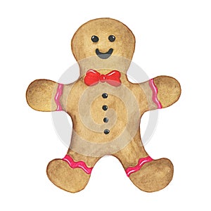 Watercolor christmas gingerbread man cookie on a white background