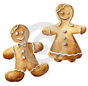 Watercolor christmas gingerbread man set. Hand painted gingerbread man and women isolated on white background. For