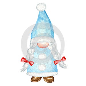 Watercolor Christmas gnome, Blue Santa Claus girl Hand painted New year illustration isolated on white background