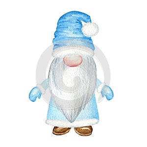 Watercolor Christmas gnome, Blue Santa Claus Hand painted New year illustration isolated on white background. Little