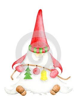 Watercolor Christmas gnome with christmas decorations. Hand painted New year illustration. Little santa character in red