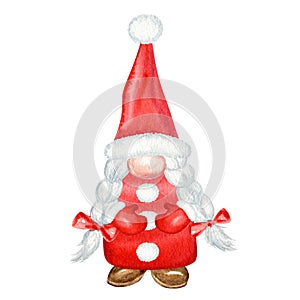 Watercolor Christmas gnome, Red Santa Claus girl Hand painted New year illustration isolated on white background. Little