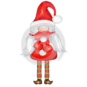 Watercolor Christmas gnome, Red Santa Claus girl Hand painted New year illustration isolated on white background. Little