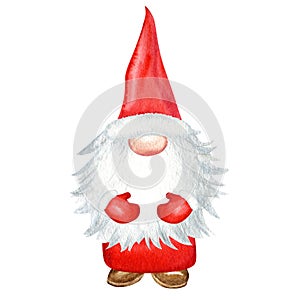 Watercolor Christmas gnome, Red Santa Claus Hand painted New year illustration isolated on white background. Little