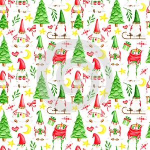 Watercolor Christmas gnomes seamless pattern. Hand drawn scandinavian folclore elf, christmas tree, gift box, red bow