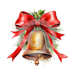 Watercolor Christmas golden bell with red bow isolated on white background