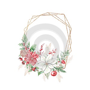 Watercolor Christmas golden frames with flowers roses and poinsettia. Holiday decor elements for the New Year