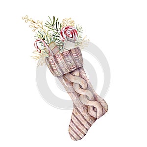 Watercolor Christmas golden sock with floral decor. Hand painted holiday symbols, fir branches, berries and lollipop