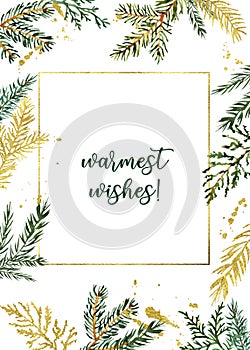 Watercolor Christmas greenery card border with golden geomertic frame. Modern hand painted background for holiday cards, greetings