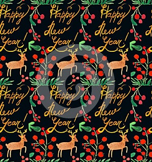 Watercolor Christmas holiday seamless pattern with berries, deer, happy New Year copy. Winter New Year theme.