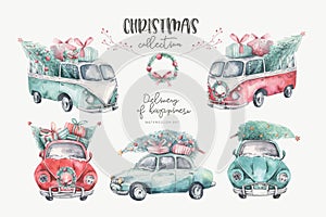 Watercolor christmas holiday seamless pattern with red and green transportation illustration. Merry Xmas auto winter