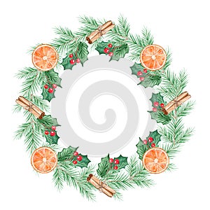 Watercolor christmas holly wreath with orange cinnamon fir tree isolated on white background