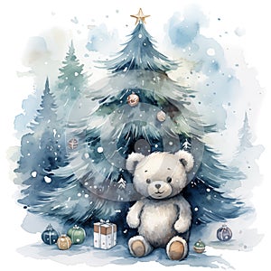 Watercolor christmas illustration of cute bear with Christmas tree and gifts isolated on white background