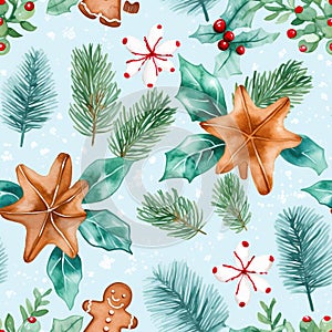 Watercolor Christmas illustration pattern, featuring joyful holiday elements. Generative AI